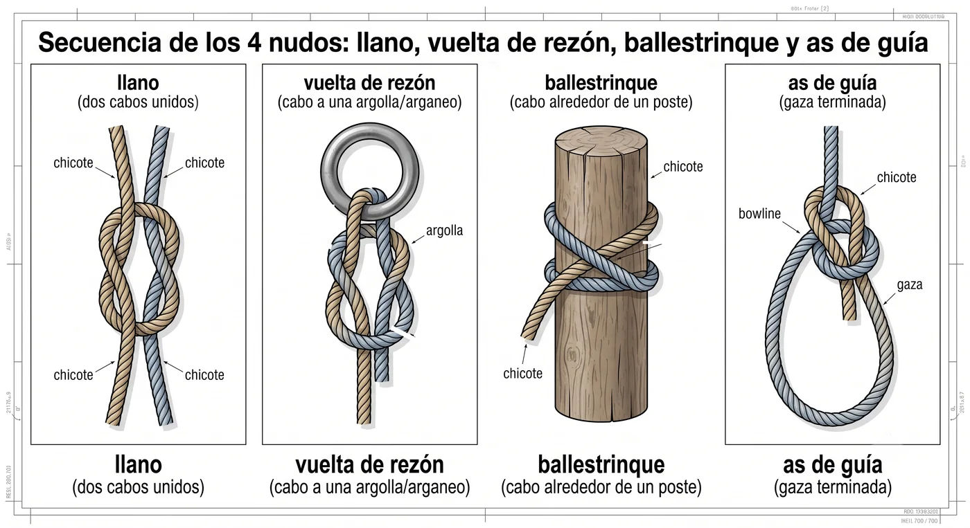 Nudos esenciales: llano, vuelta de rezón, ballestrinque y as de guía