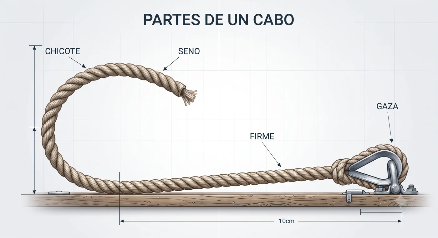Partes de un cabo: chicote, seno, firme y gaza
