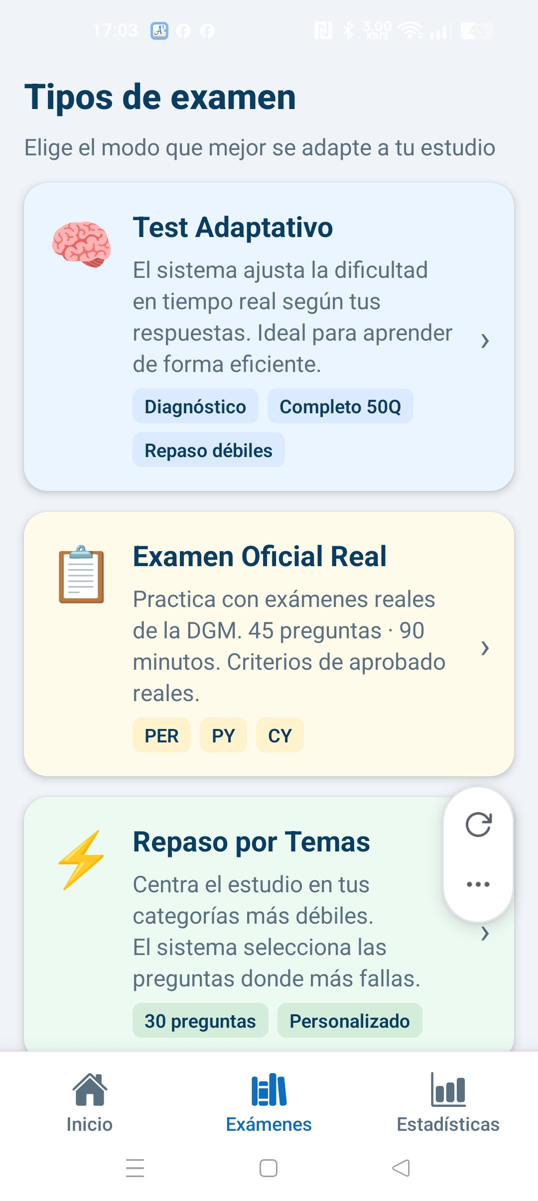 App SailVoyager tipos de examen