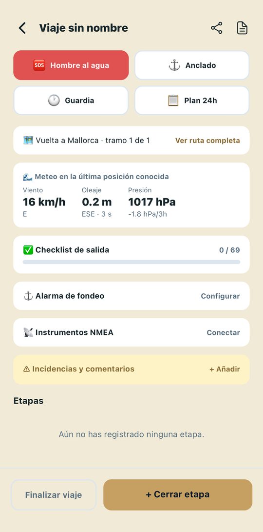 El viaje: tiempo, alarma de fondeo y hombre al agua