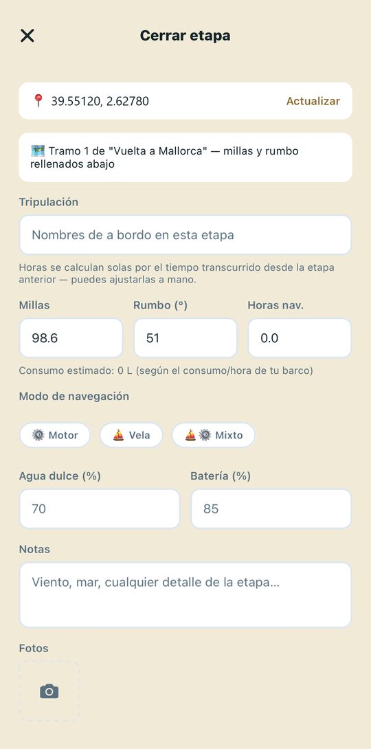 Cerrar etapa: millas, rumbo, agua y batería
