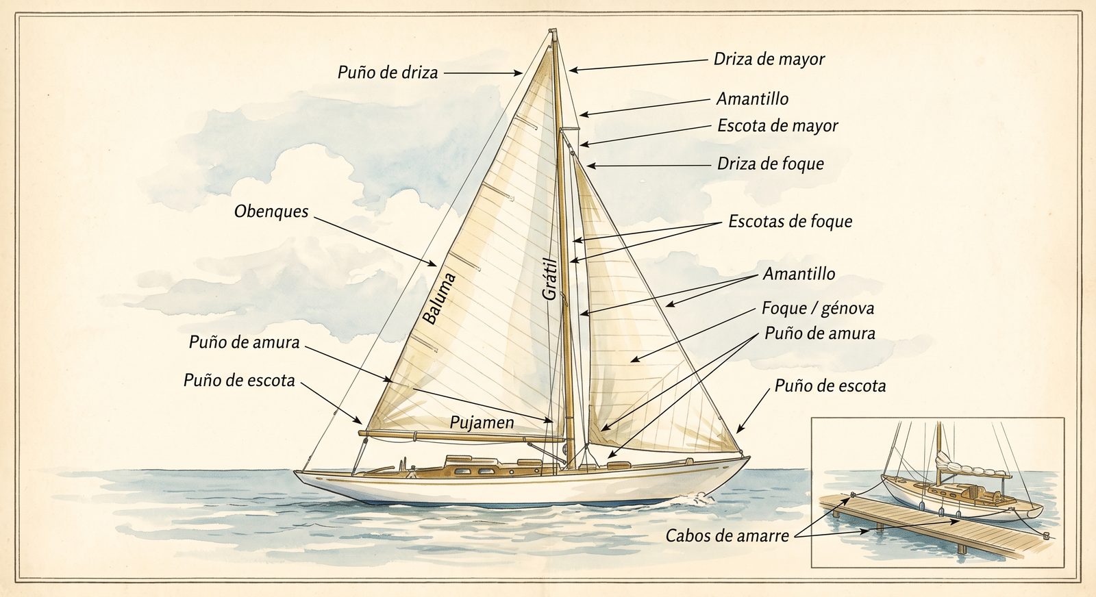 Diagrama de las partes de la vela mayor y el foque, y de la jarcia de labor de un velero: puño de driza, puño de amura, puño de escota, grátil, baluma, pujamen, drizas, escotas, amantillo, obenques y cabos de amarre