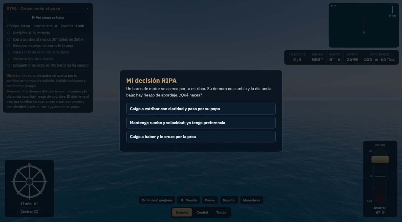 Pregunta «Mi decisión RIPA» en el simulador de maniobras: un barco de motor se acerca por estribor con rumbo de colisión y hay que elegir la maniobra correcta
