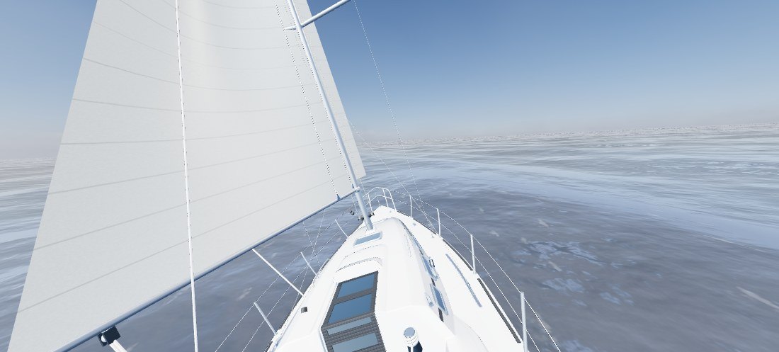 Vista de cabina del simulador de vela en 3D: cubierta, mástil, mayor y la mar por la proa
