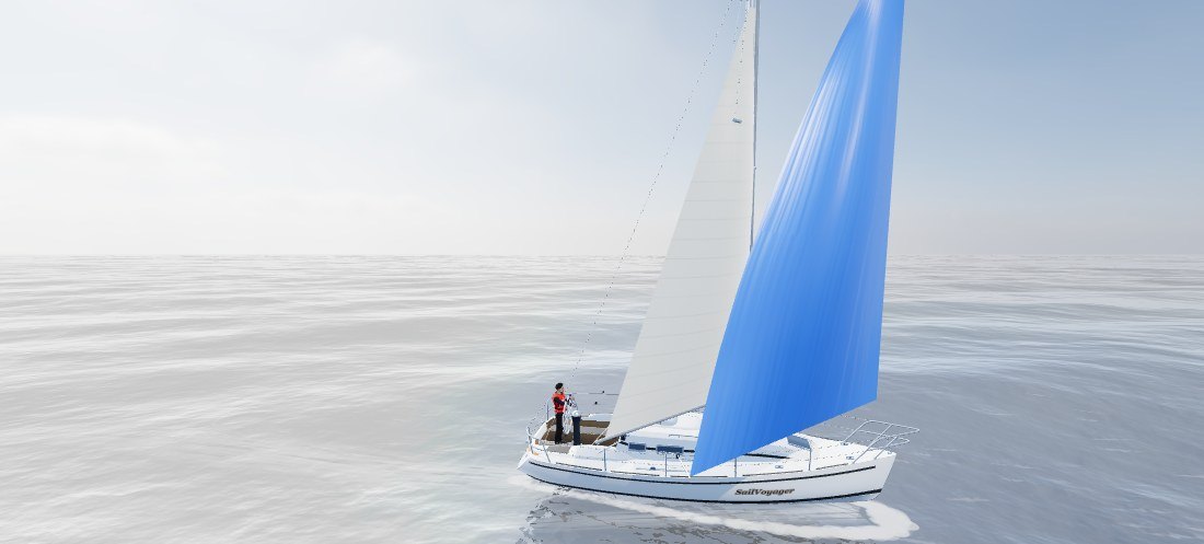 Velero en 3D navegando a un largo con el gennaker azul izado y el timonel a la rueda