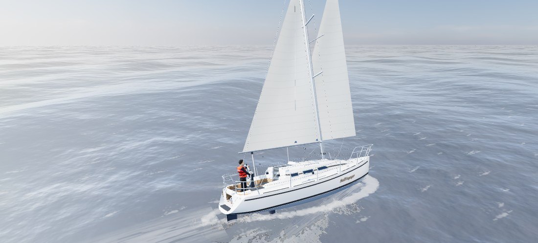 Velero en 3D ciñendo con mayor y foque, escorado sobre una mar de fuerza 5, con el timonel a la rueda, vista de órbita del simulador de navegación a vela