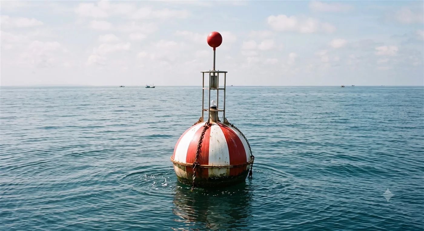 Boya esférica de franjas rojas y blancas, marca de aguas navegables