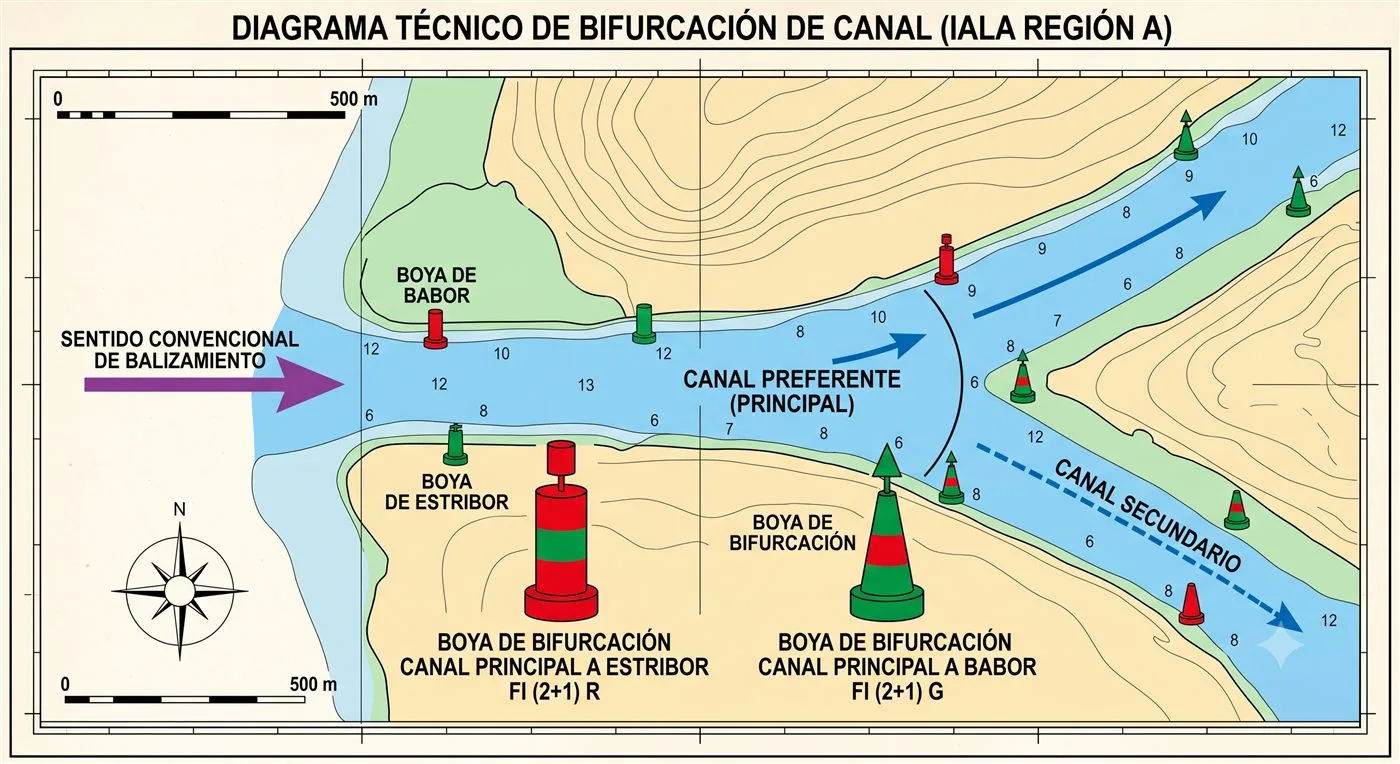 Diagrama técnico de una bifurcación de canal con marcas de canal preferente y secundario