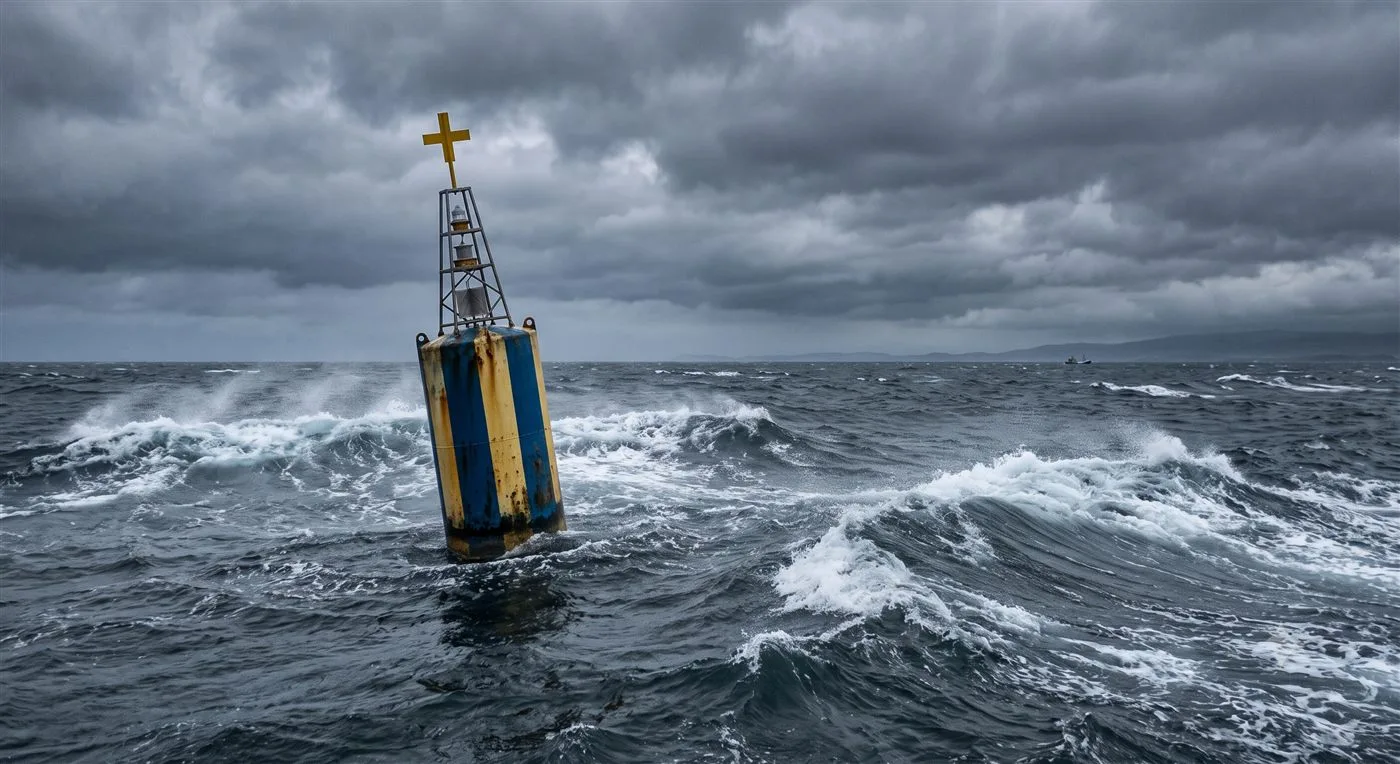 Boya de emergencia de naufragio, franjas azules y amarillas con cruz de tope