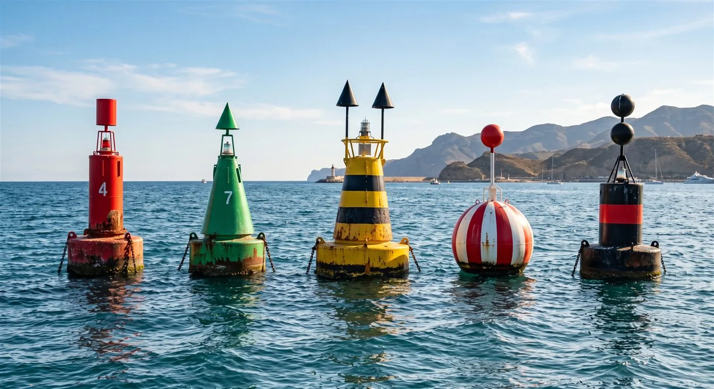 Conjunto variado de boyas de balizamiento marítimo ancladas en el mar