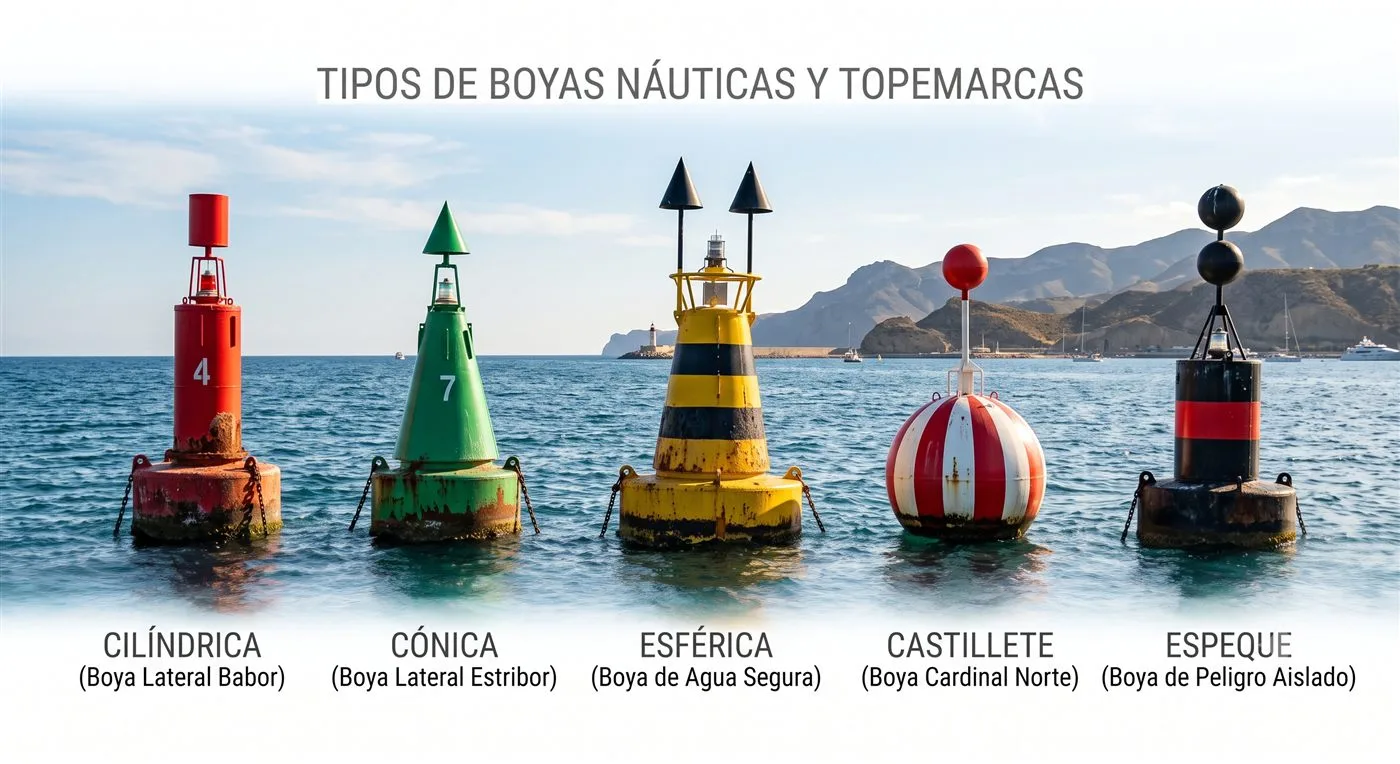 Cinco tipos de boya: cilíndrica, cónica, esférica, castillete y espeque, con sus marcas de tope