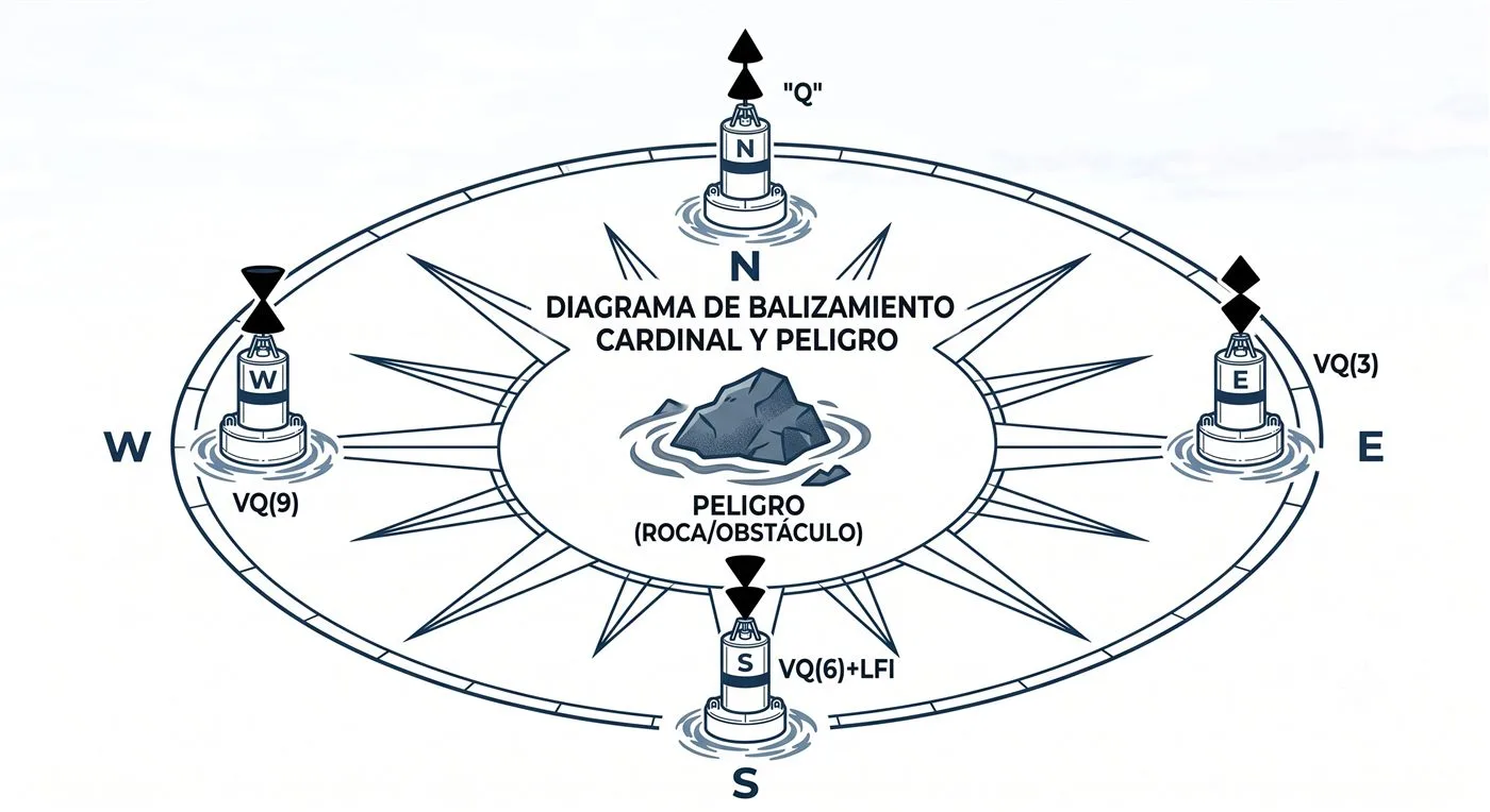 Diagrama circular de marcas cardinales alrededor de un peligro, con sus ritmos de luz