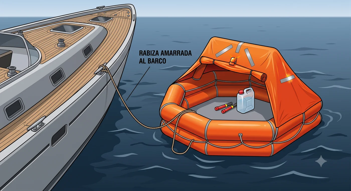 Balsa salvavidas inflada junto a una embarcación durante un abandono del barco