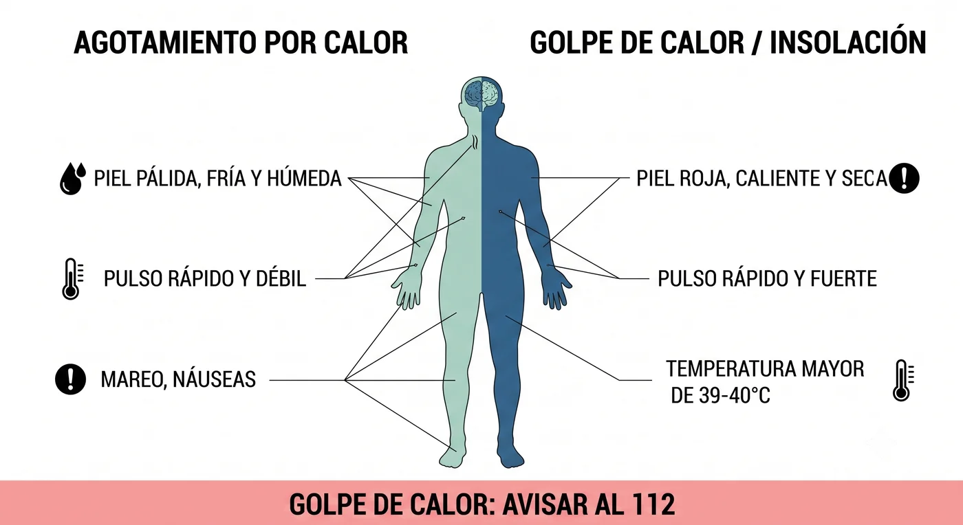 Comparativa entre agotamiento por calor e insolación, síntomas y actuación