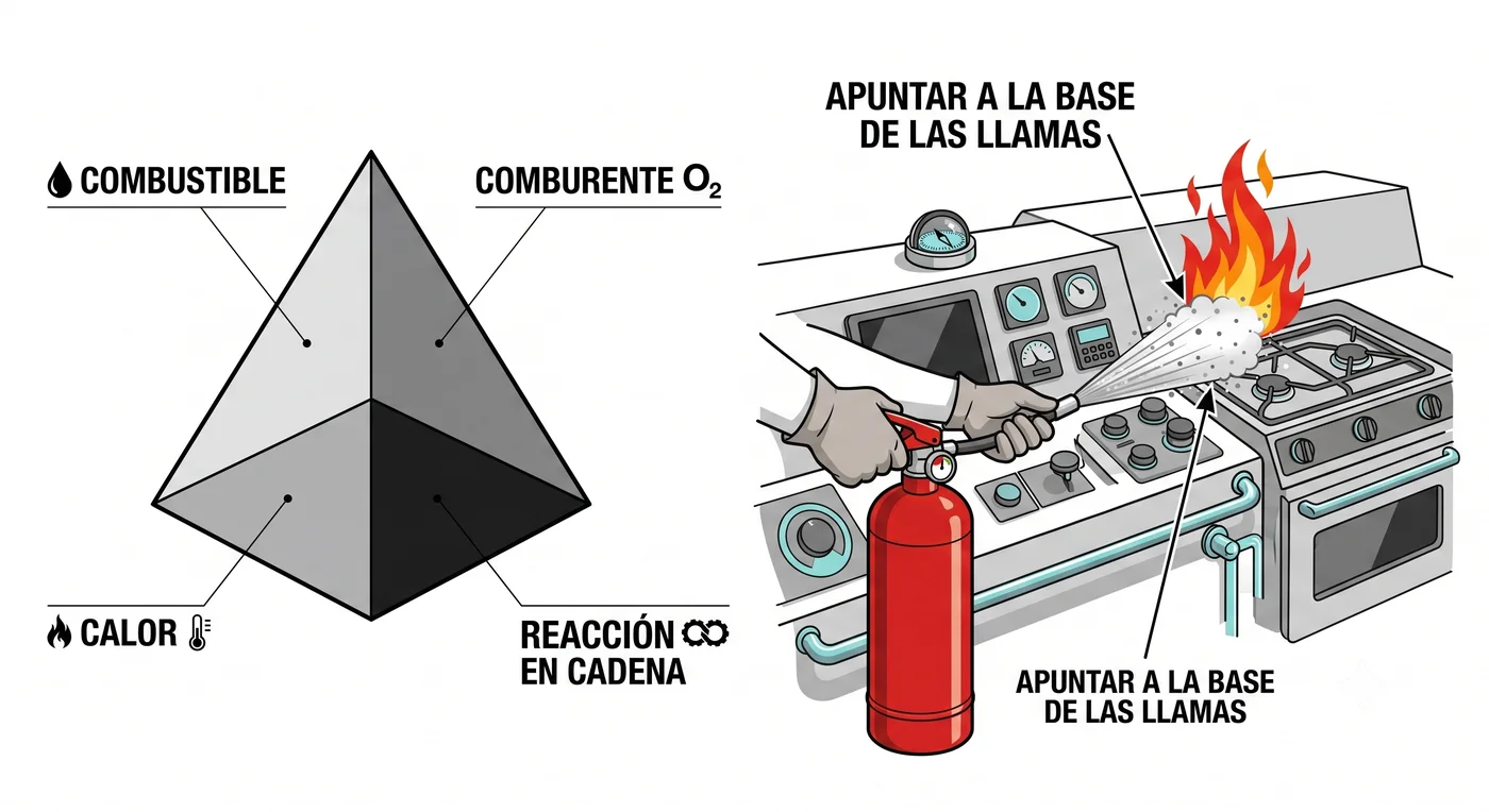 Tetraedro del fuego y uso correcto de un extintor de polvo ABC a bordo