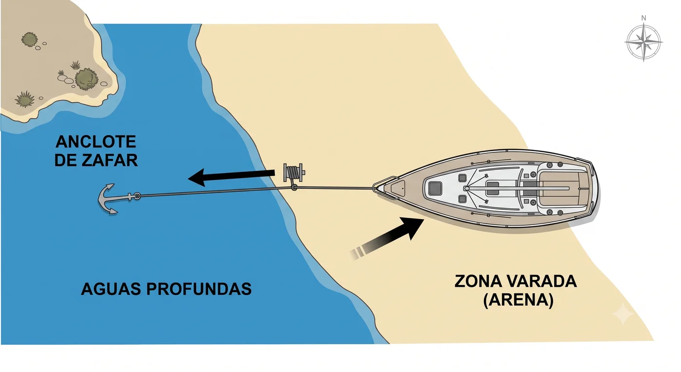 Técnica del anclote de zafar para desencallar un barco varado