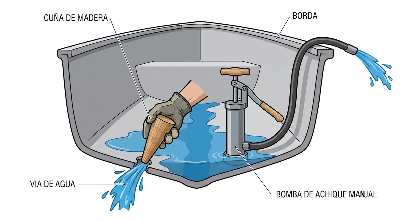Taponado de una vía de agua con cuñas y achique con bomba a bordo