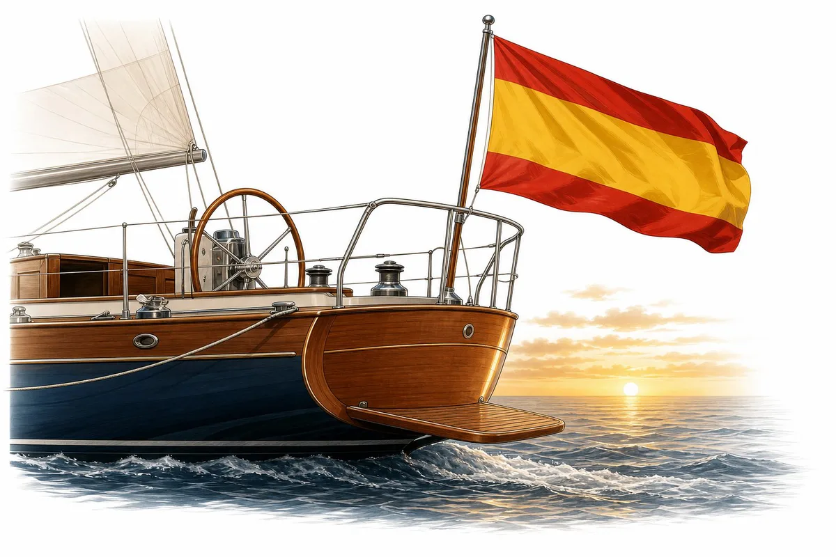 Bandera de España ondeando en la popa de un velero al atardecer