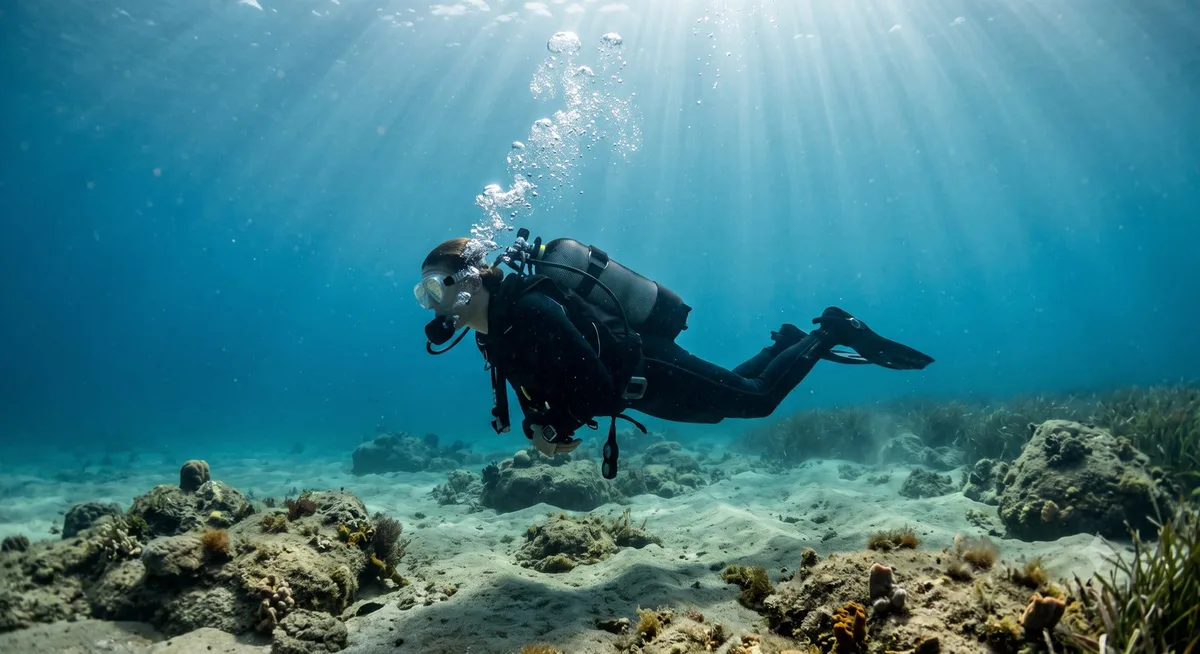 Buceador en inmersión sobre fondo marino, con burbujas de aire ascendiendo