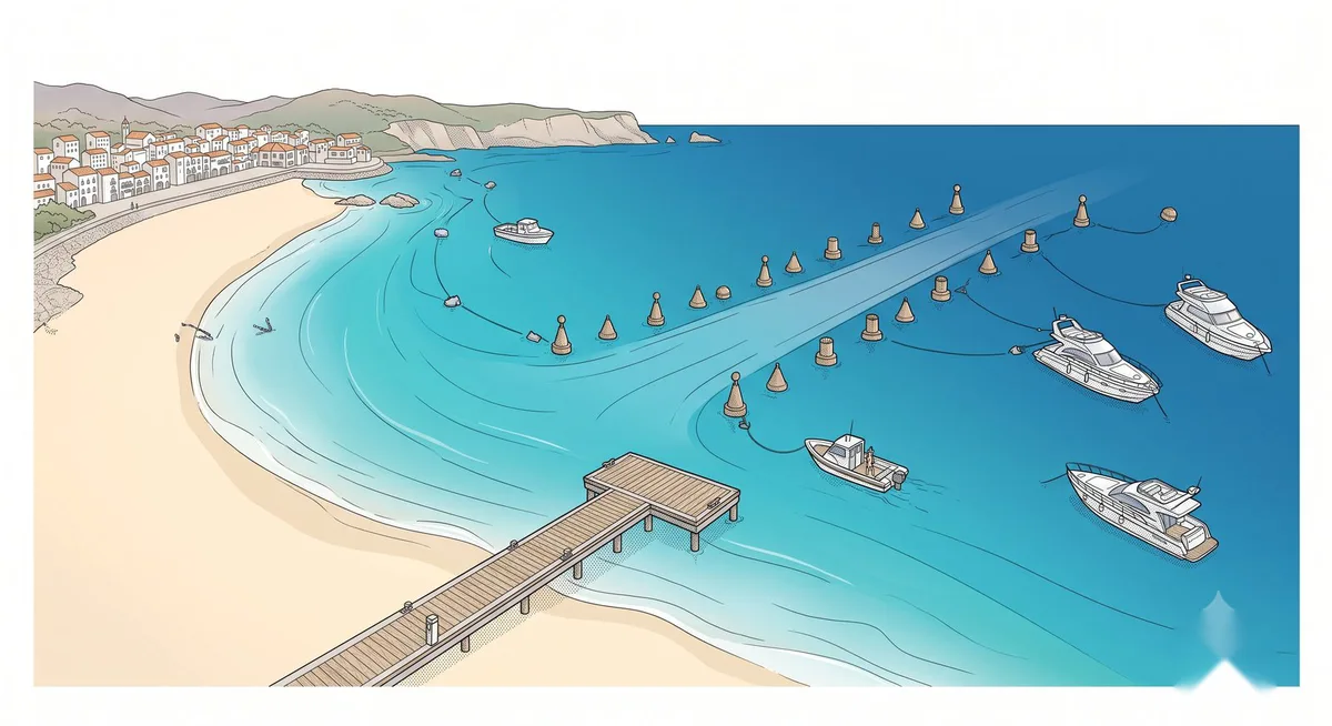 Vista aérea de playa balizada con canal de acceso y boyas amarillas, embarcaciones fondeadas