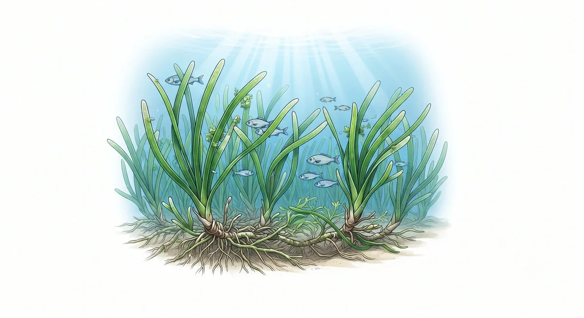 Pradera de posidonia oceánica con peces, rizomas visibles sobre el fondo arenoso