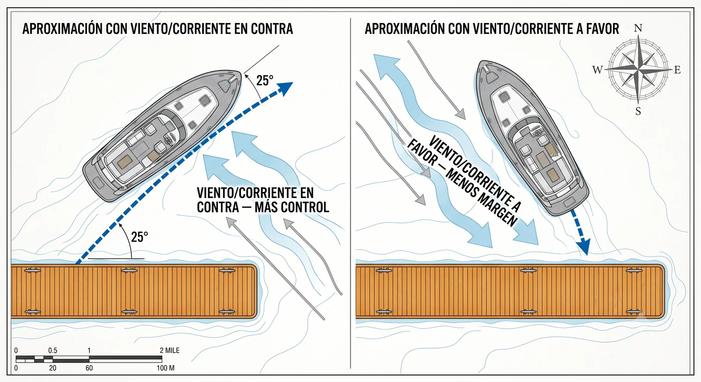 Diagrama de ángulos de aproximación a un muelle según la dirección del viento y la corriente