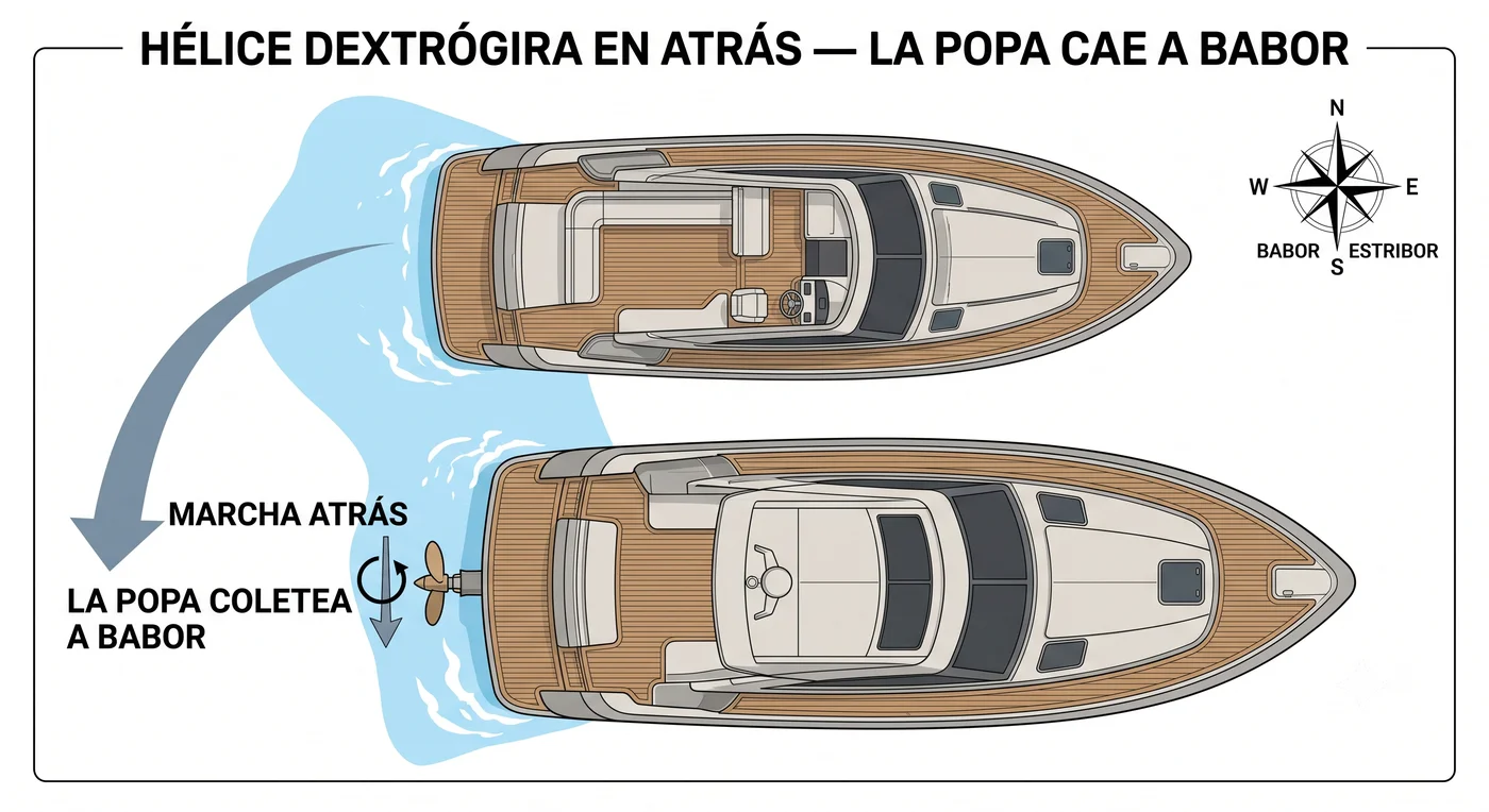 Diagrama del efecto de paso de hélice dextrógira en marcha atrás, la popa cae a babor