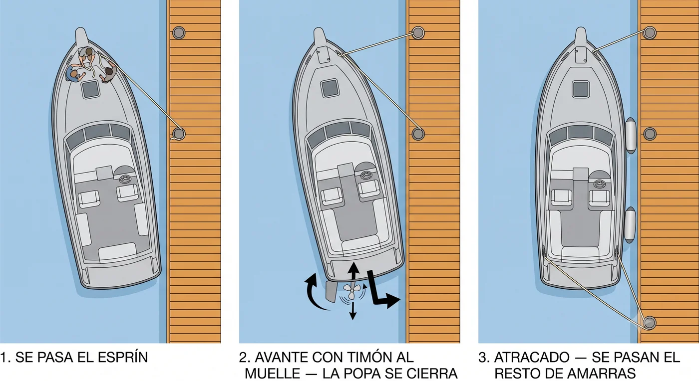 Secuencia de una maniobra de atraque acodándose con un esprín