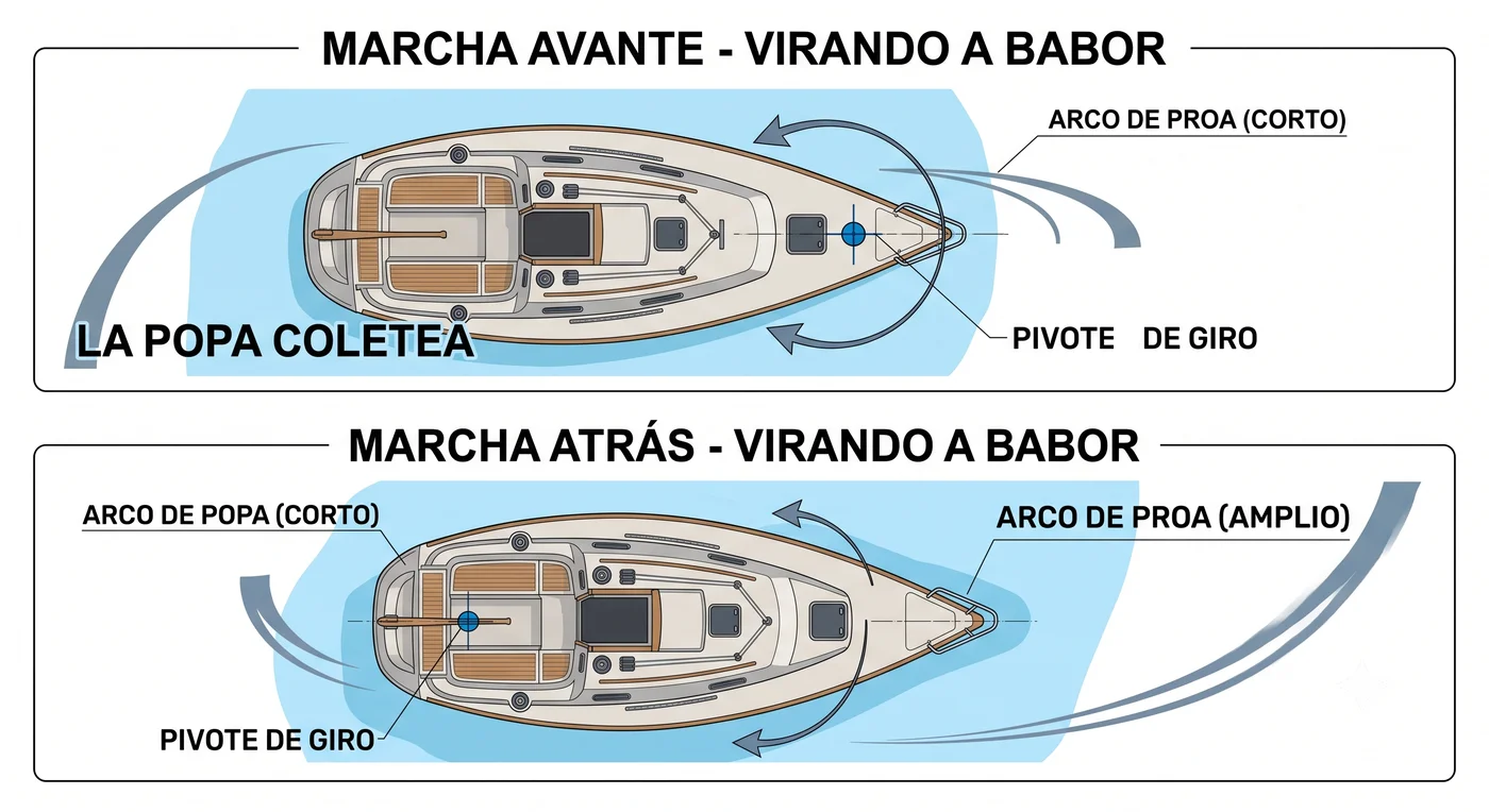 Diagrama del pivote de giro de una embarcación en marcha avante y en marcha atrás
