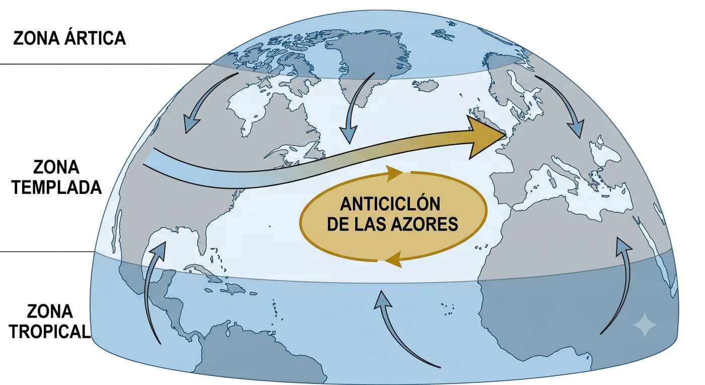 Circulación general del viento en el hemisferio norte y trayectoria de las borrascas