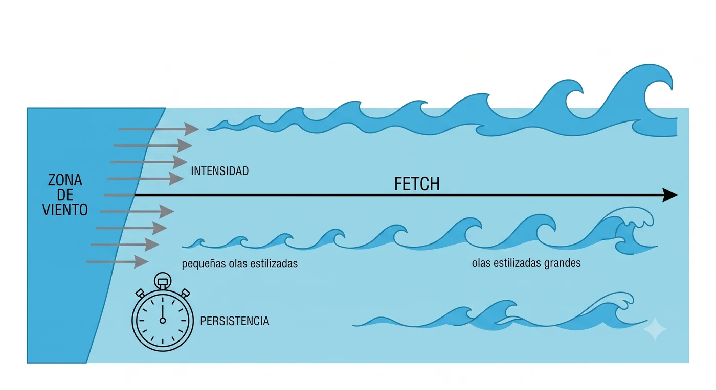 Diagrama de fetch, persistencia e intensidad del viento formando el estado de la mar
