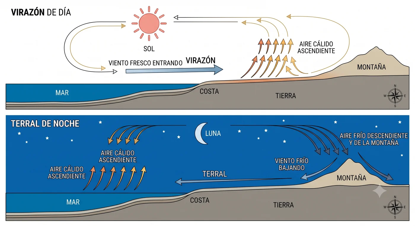 Comparativa de virazón durante el día y terral durante la noche
