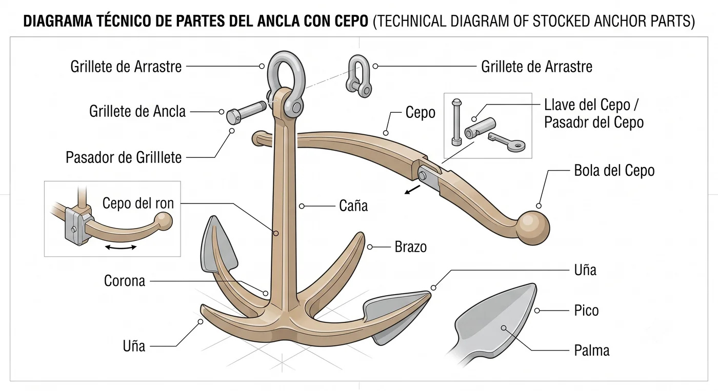 Partes del ancla con cepo: arganeo, cepo, caña, cruz, brazos y uñas