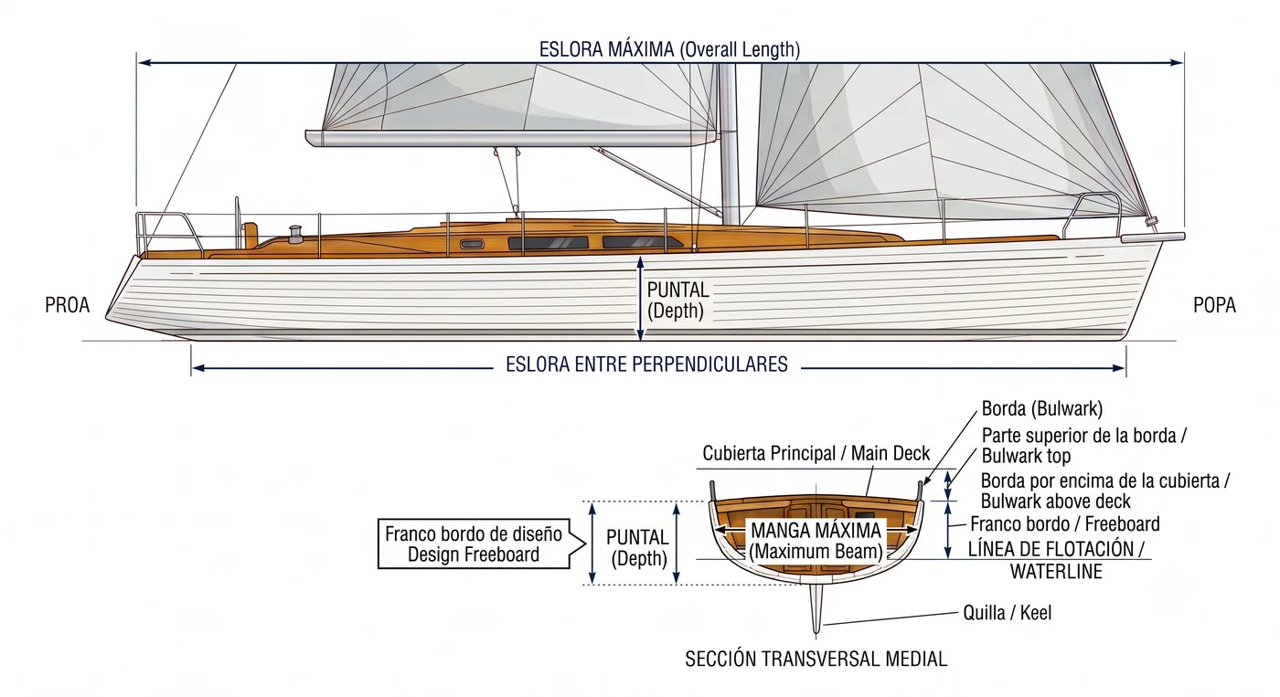 Eslora, manga, puntal y francobordo