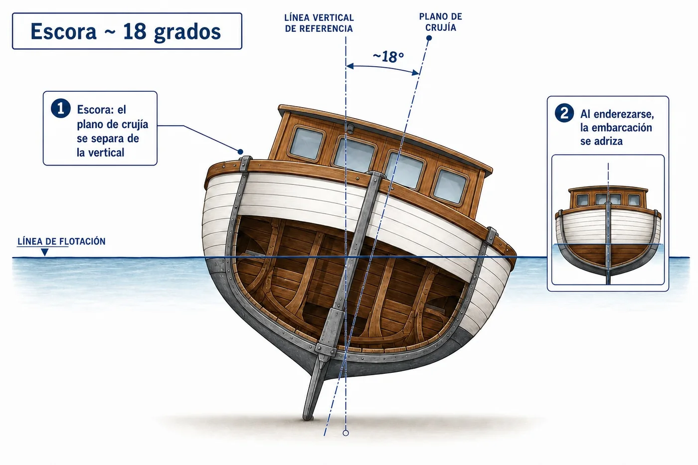 Escora: el plano de crujía se separa de la vertical