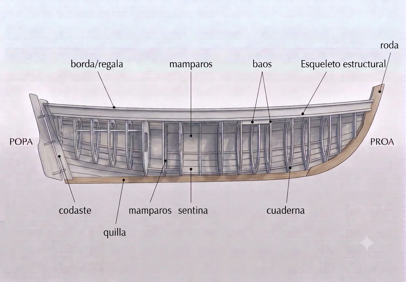 Esqueleto estructural del casco: quilla, roda, codaste, cuadernas, baos y mamparos