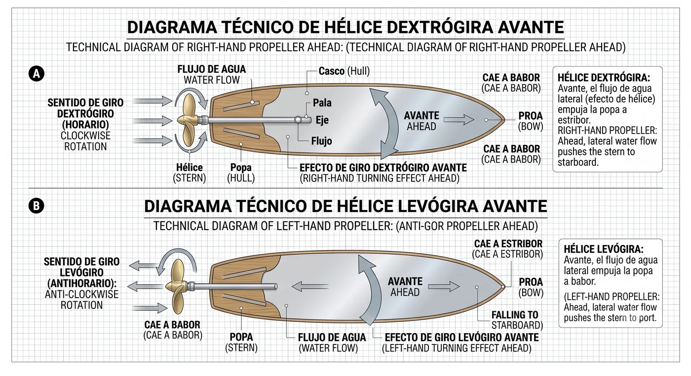 Hélice dextrógira y levógira, dando avante