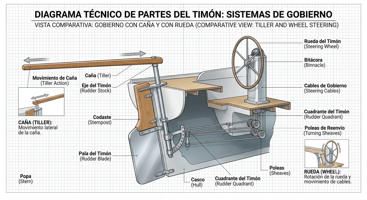 Partes del timón: gobierno con caña y con rueda