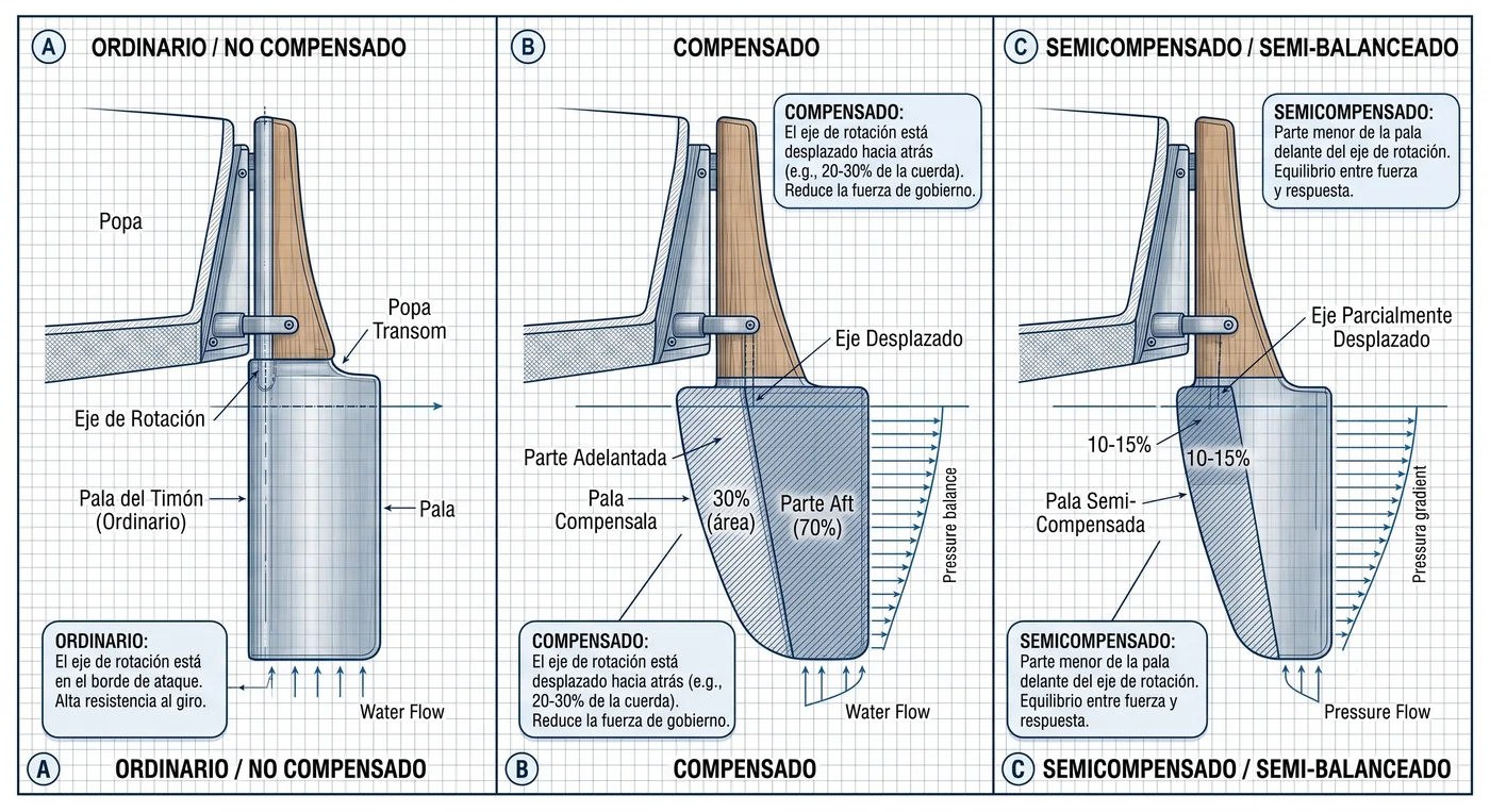 Tipos de pala de timón: ordinario, compensado y semicompensado