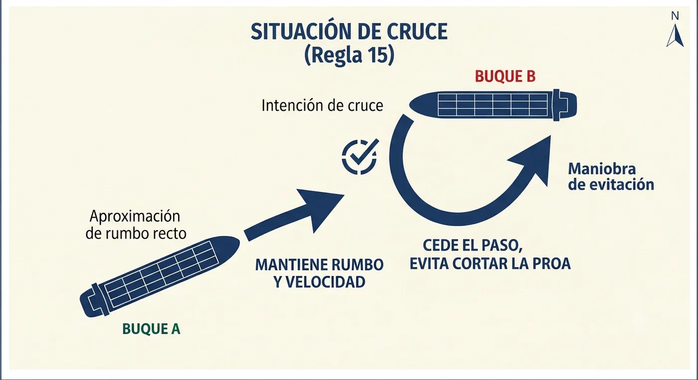 Dos buques a motor cruzándose, el que ve al otro por su costado de estribor cediendo el paso