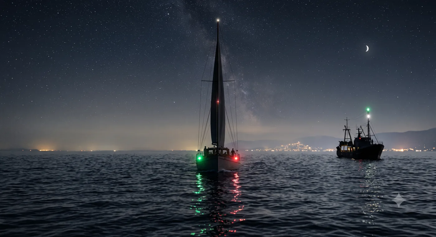Siluetas nocturnas de un velero y un pesquero mostrando sus luces de navegación