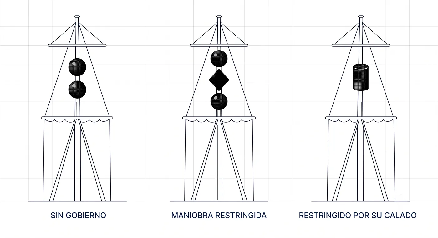 Comparativa de marcas de día: sin gobierno (dos bolas), maniobra restringida (bola-bicónica-bola), restringido por calado (cilindro)