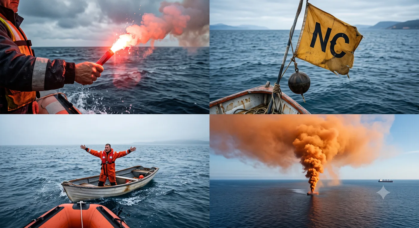Collage de señales de peligro: bengala roja, bandera NC, brazos extendidos subiendo y bajando, humo naranja