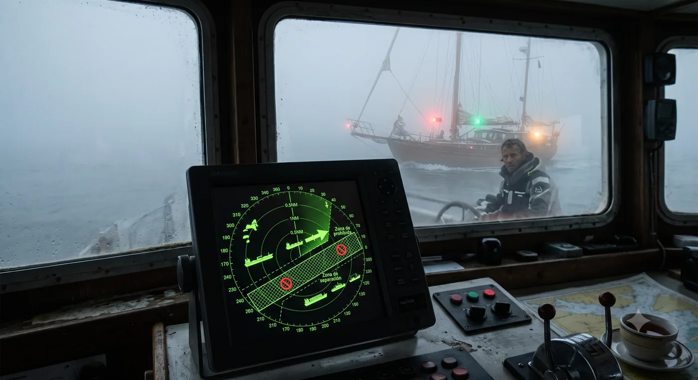 Pantalla de radar de un barco navegando en niebla densa