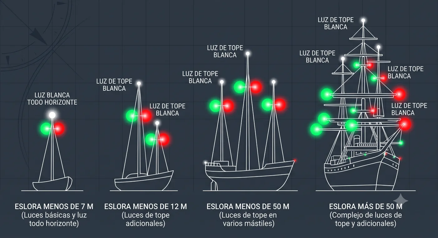 Cuatro siluetas de buques a motor de distinta eslora mostrando su configuración de luces de navegación