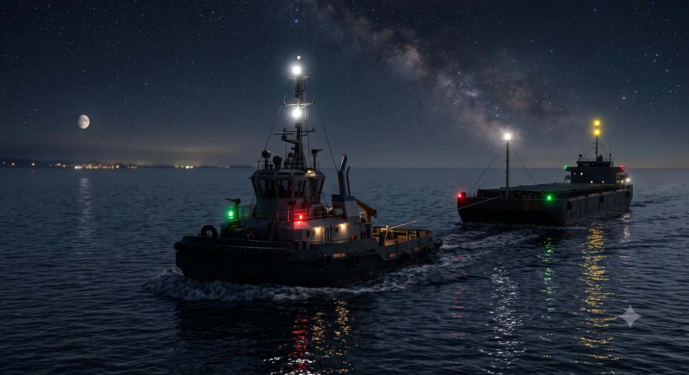 Remolcador de noche con dos luces de tope en línea vertical y luz de remolque amarilla, tirando de otra embarcación