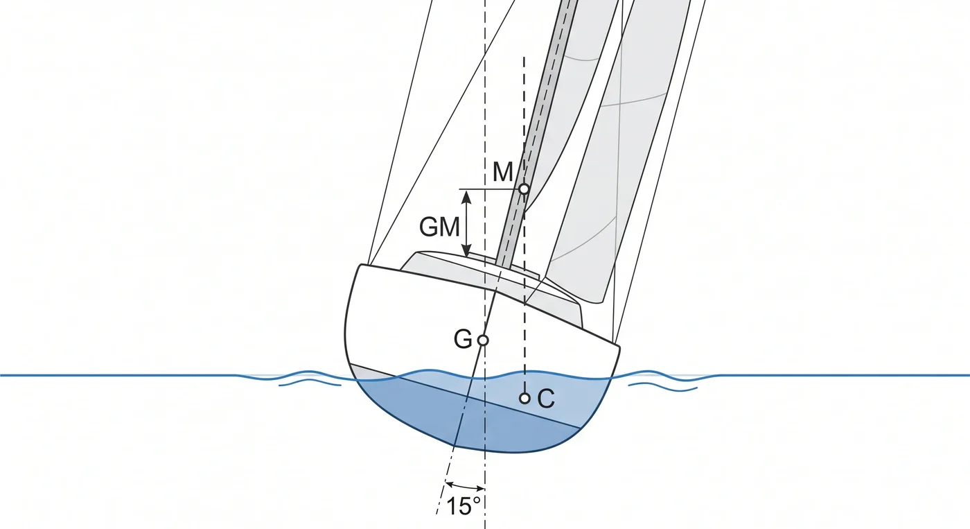 Diagrama del metacentro (M) y la altura metacéntrica (GM) sobre un barco ligeramente escorado, con G y C marcados