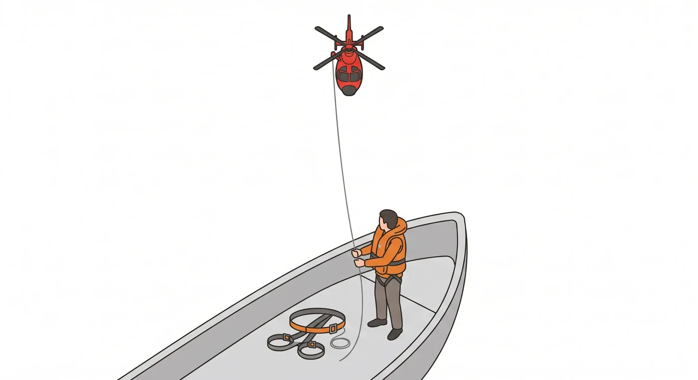 Maniobra de izado con arnés desde un barco hacia el helicóptero, con la línea guía sujeta con las manos