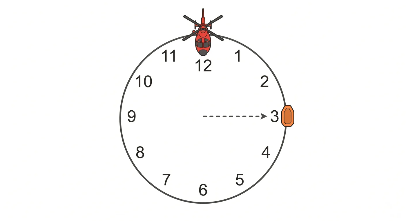 Esquema de la técnica de las horas del reloj para guiar por VHF al helicóptero, con este en el centro y las 12 en su rumbo de aproximación