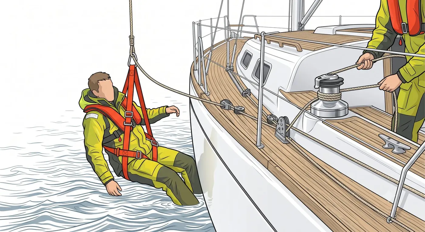 Persona en el agua con chaleco salvavidas naranja, vista desde cubierta de un barco acercándose
